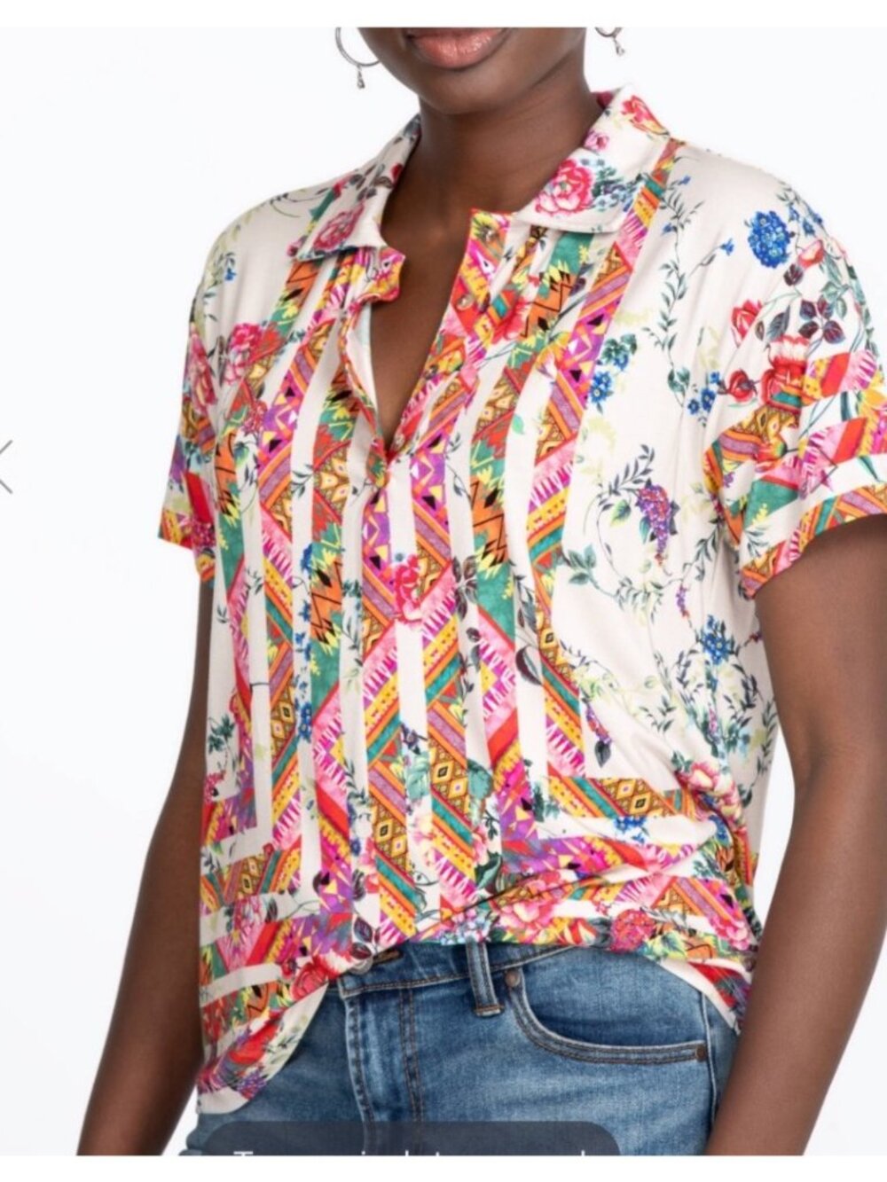 Johnny Was XS Azzy Boho Floral & Geometric Bamboo Button-Up Polo Shirt - Picture 11 of 11